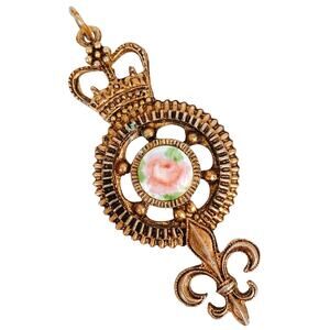 Vintage Gold Tone Crown Heraldic Pendant w Porcelain Rose Cabochon 1940s